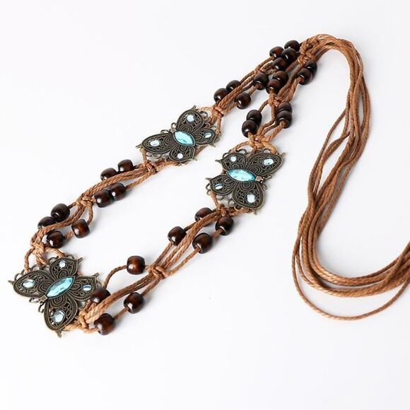 Boho Butterfly Rhinestone Blue Turquoise And Brown Beaded Woven Soft Tie Belt - Picture 3 of 12